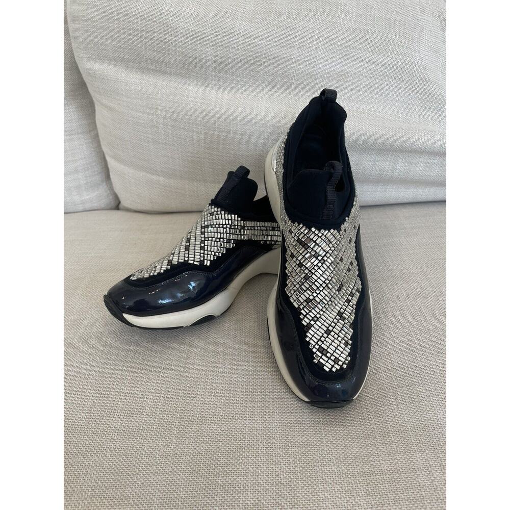 Salvatore Ferragamo Navy Sparkle‎ Leather Crystal Sneaker Size 8 1/2